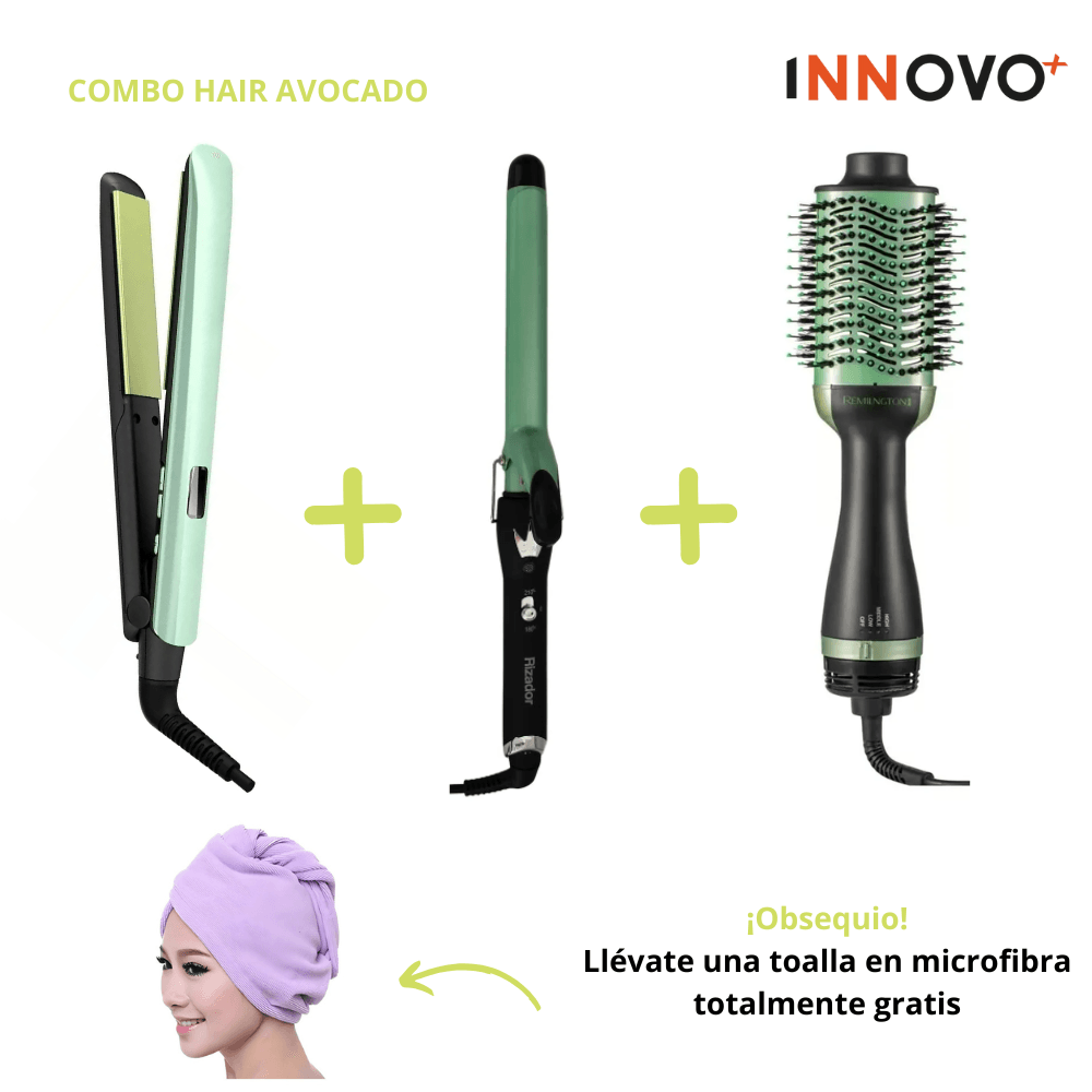 Tri Combo Hair Avocado Cepillo Secador + Plancha Cabello + Rizadora Tubo + Obsequio Toalla Microfibra Cabello img #1