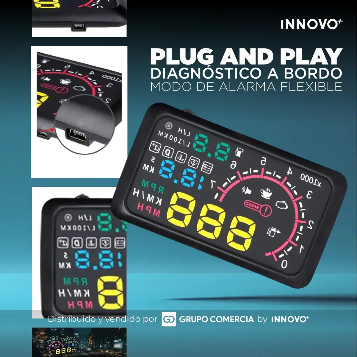 Velocímetro Digital Hud Para Auto Pantalla De Parabrisas Obd Univer Negro Multicolor img #2