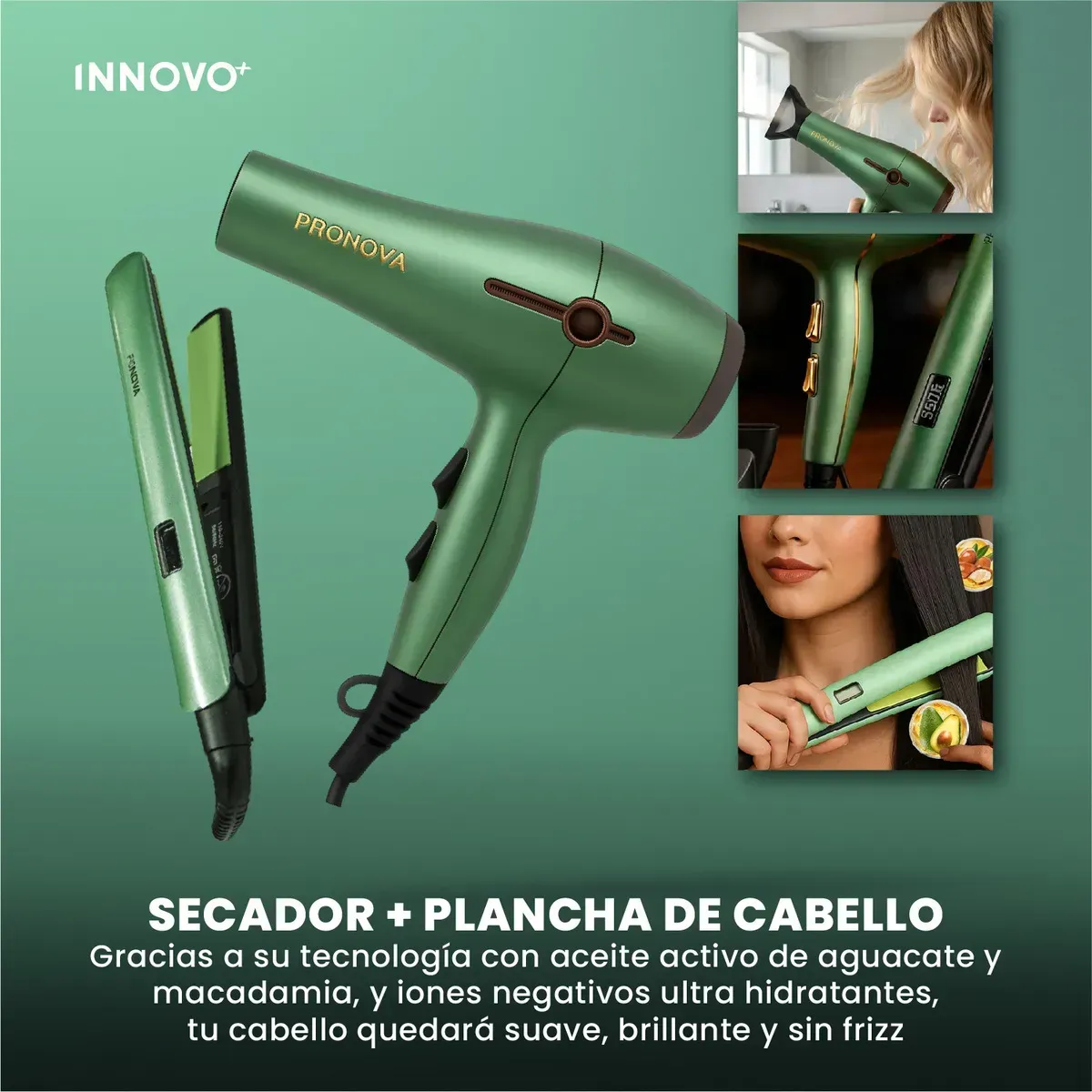 Secador Iónico 5000w Con Plancha De Aguacate Hidratación Extrema Pro Nova Inn Verde 110v Verde 110v img #4