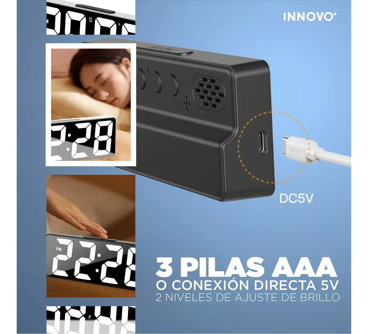 Reloj Despertador Digital Led Moderno Tipo Espejo Alarma Elegante img #6