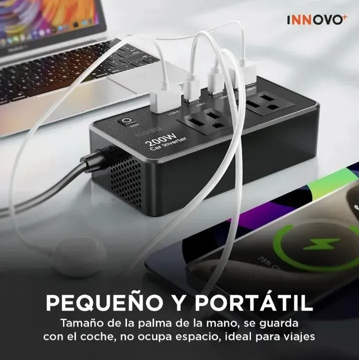 Inversor 200w Para Carro 12v A 110v 6 Salidas Usb Fast Charge + Pd 24w img #2