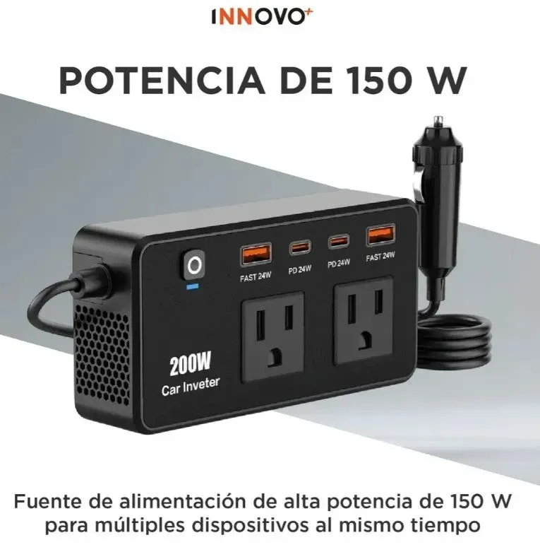 Inversor 200w Para Carro 12v A 110v 6 Salidas Usb Fast Charge + Pd 24w img #4