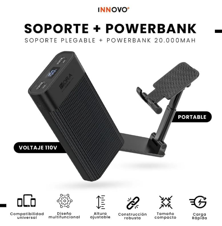Powerbank 20000mah Digital Con Soporte Celular Plegable Innovo Portátil img #2