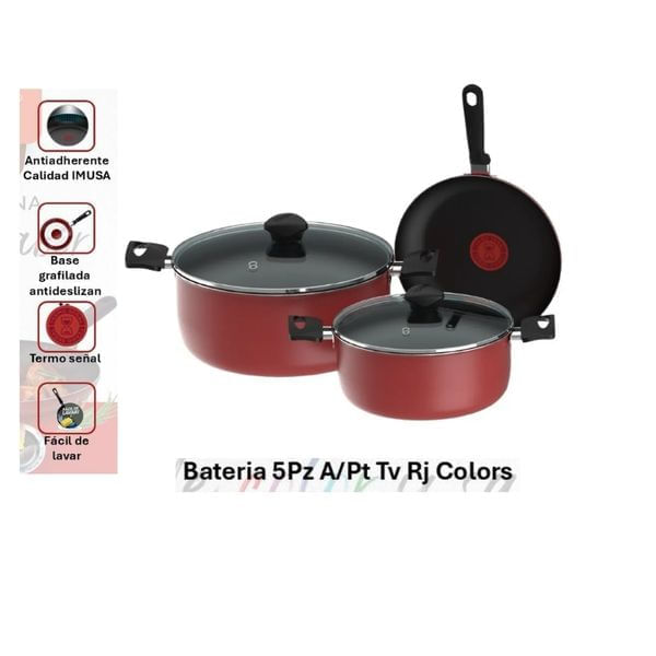 Batería de Cocina Imusa Colors 5 Piezas Roja Antiadherente con Tapa de Vidrio img #1