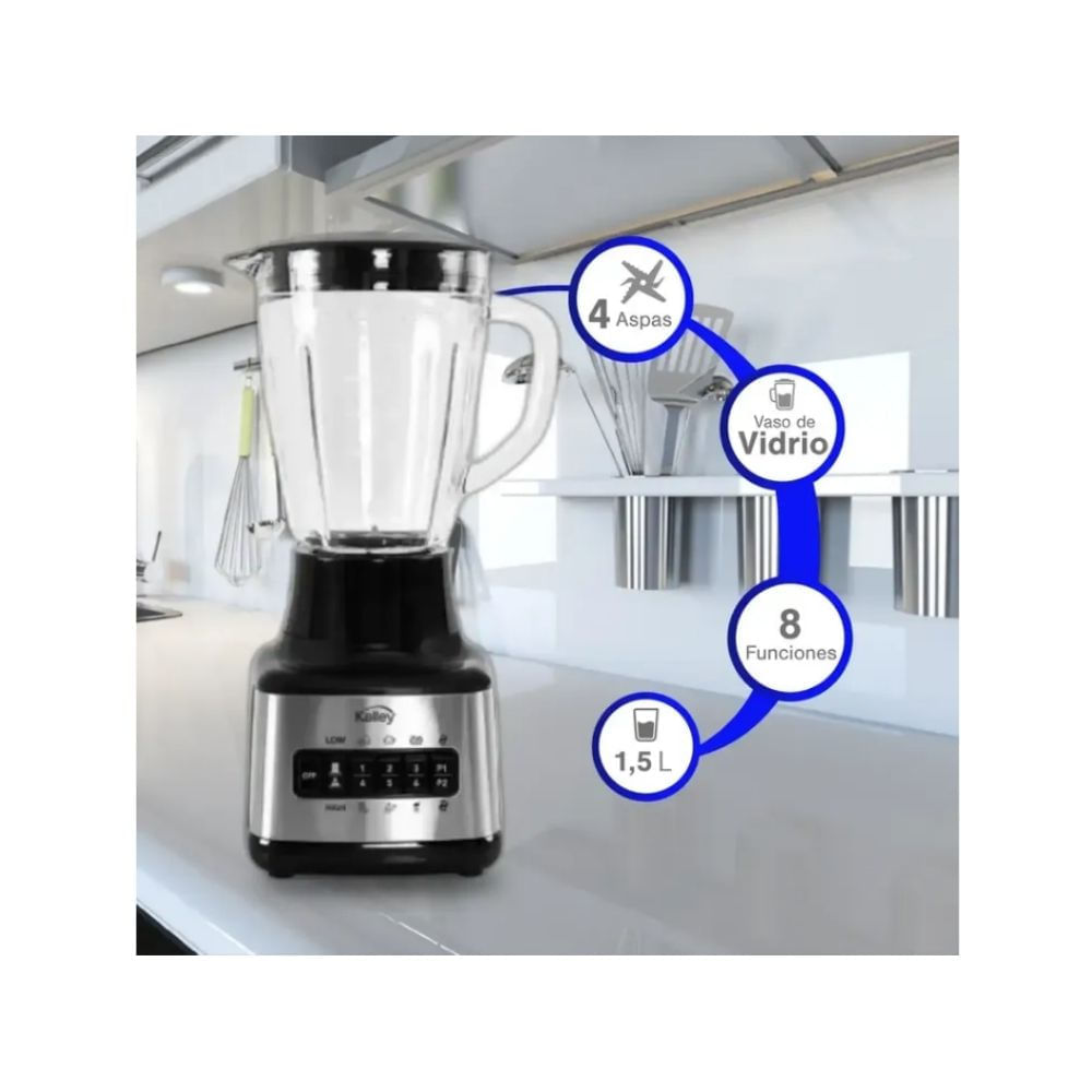 Licuadora Kalley Vaso Vidrio 1.25L 8 Velocidades Potente Cocina Hogar img #3