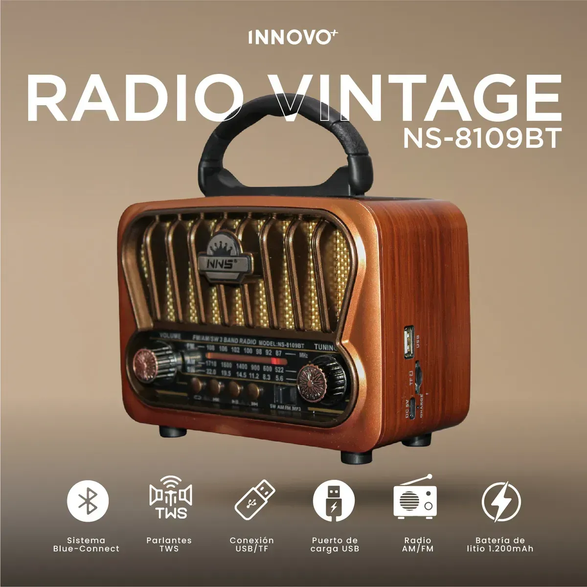 Radio Vintage Bluetooth Ns-8109bt Am/fm Usb Tf Batería Estilo Retro Café Café img #2