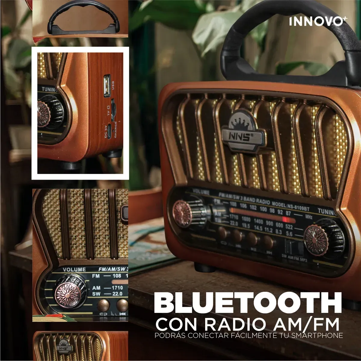 Radio Vintage Bluetooth Ns-8109bt Am/fm Usb Tf Batería Estilo Retro Café Café img #5