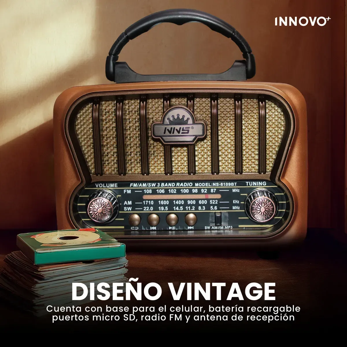 Radio Vintage Bluetooth Ns-8109bt Am/fm Usb Tf Batería Estilo Retro Café Café img #3