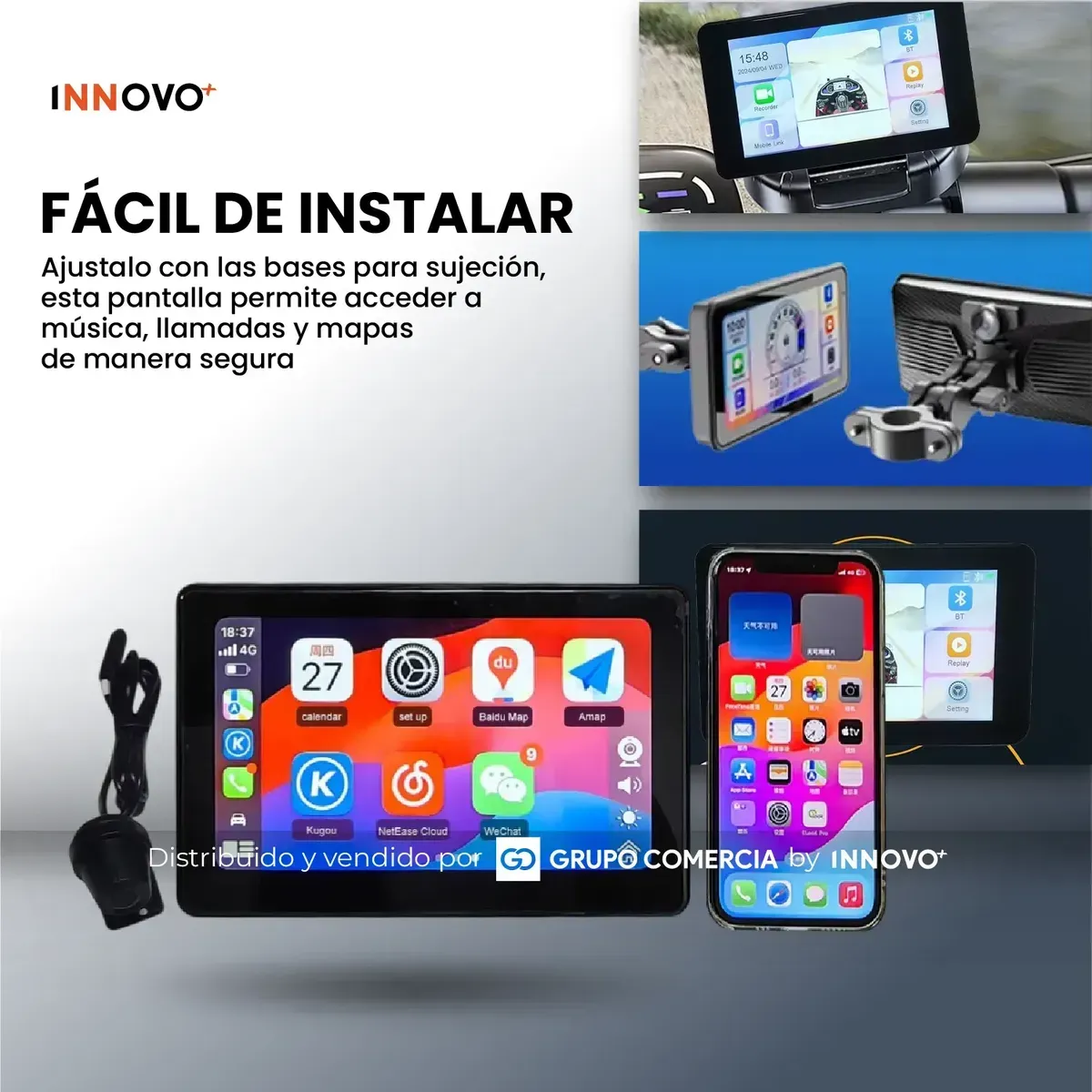 Pantalla Moto Carplay &amp; Android Auto Inalámbrico Universal Negro img #2