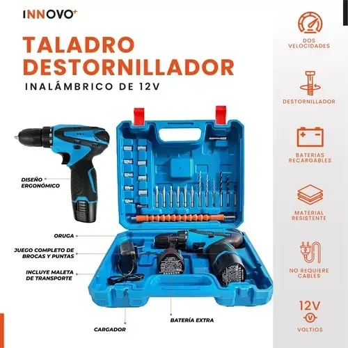 Taladro Con Estuche Inalambrico Doble Baterías 25 Accesorios Maletin Percutor Innovo Macrolar img #4