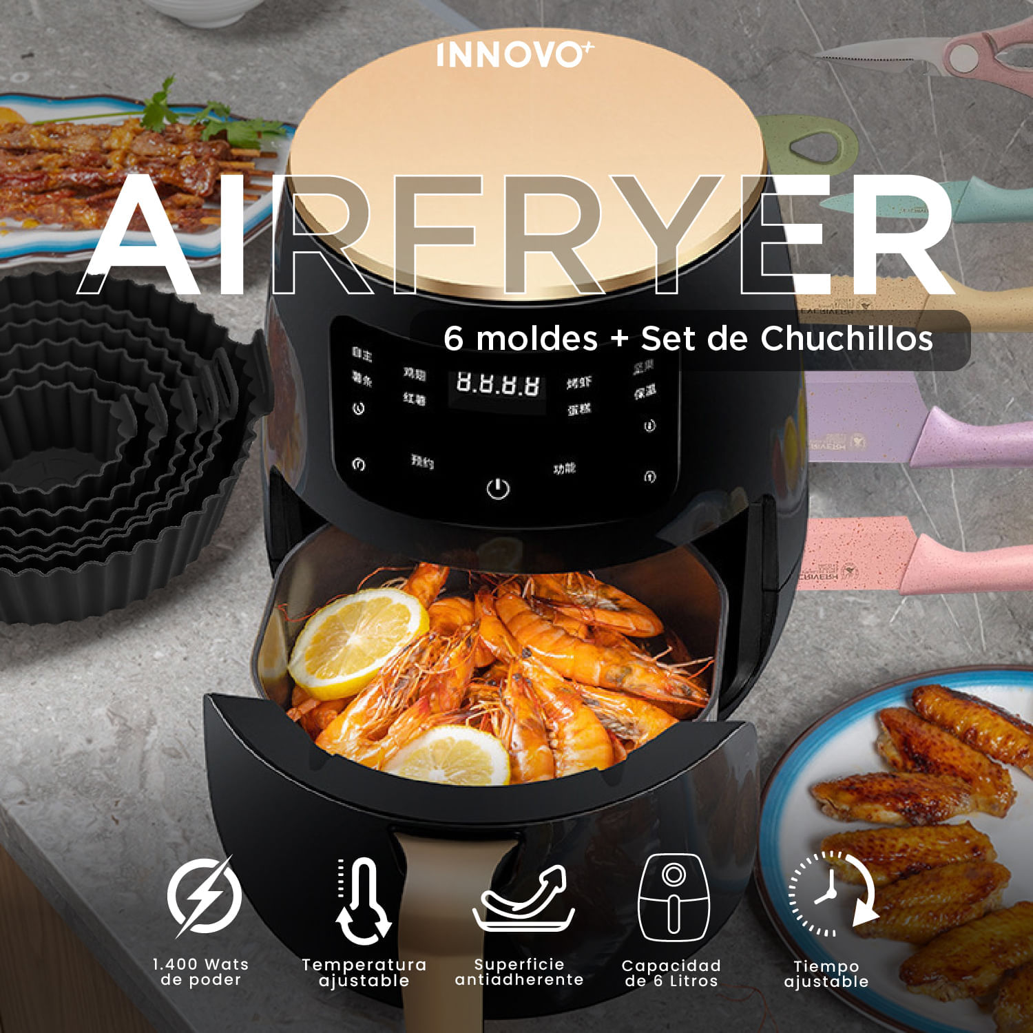 Freidora de Aire 6L Innovo+ Airfryer con Moldes y Set de Cuchillos img #3