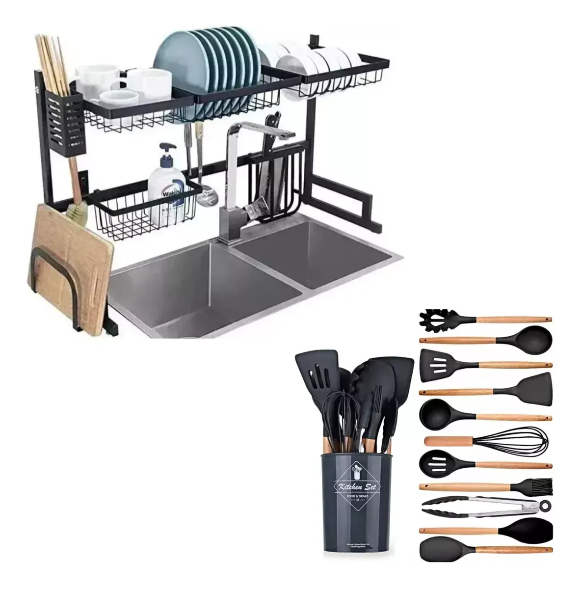 Platero Organizador De Loza Escurridor Con Set 12 Utensilios img #1