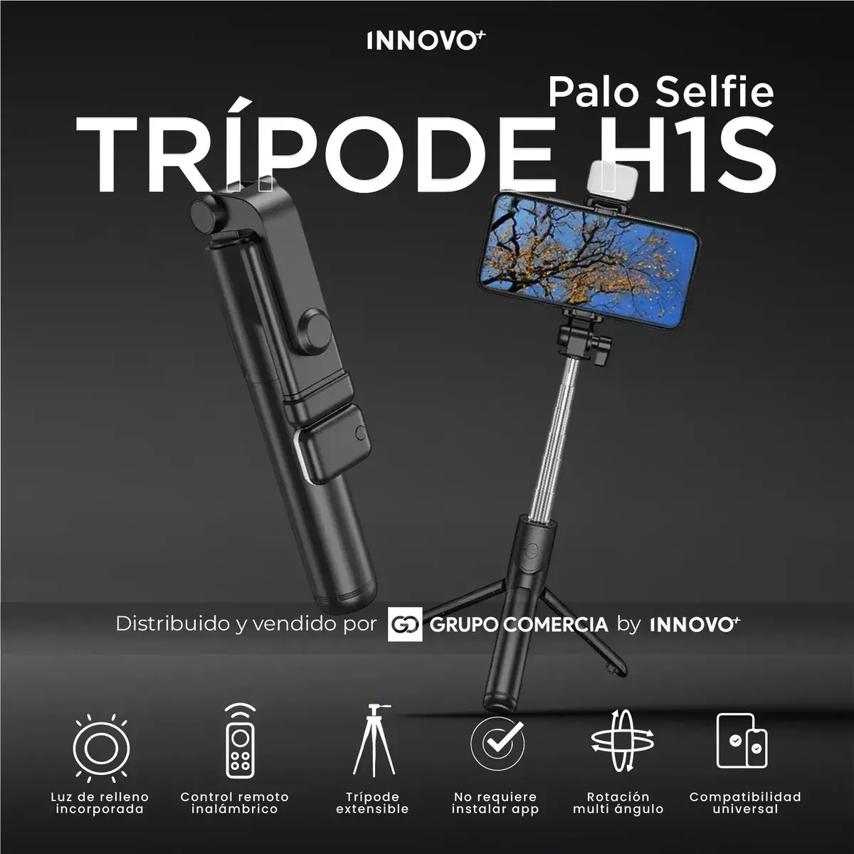 Palo Selfie Trípode H1s Con Luz Led Y Control Bluetooth Negro Negro img #4