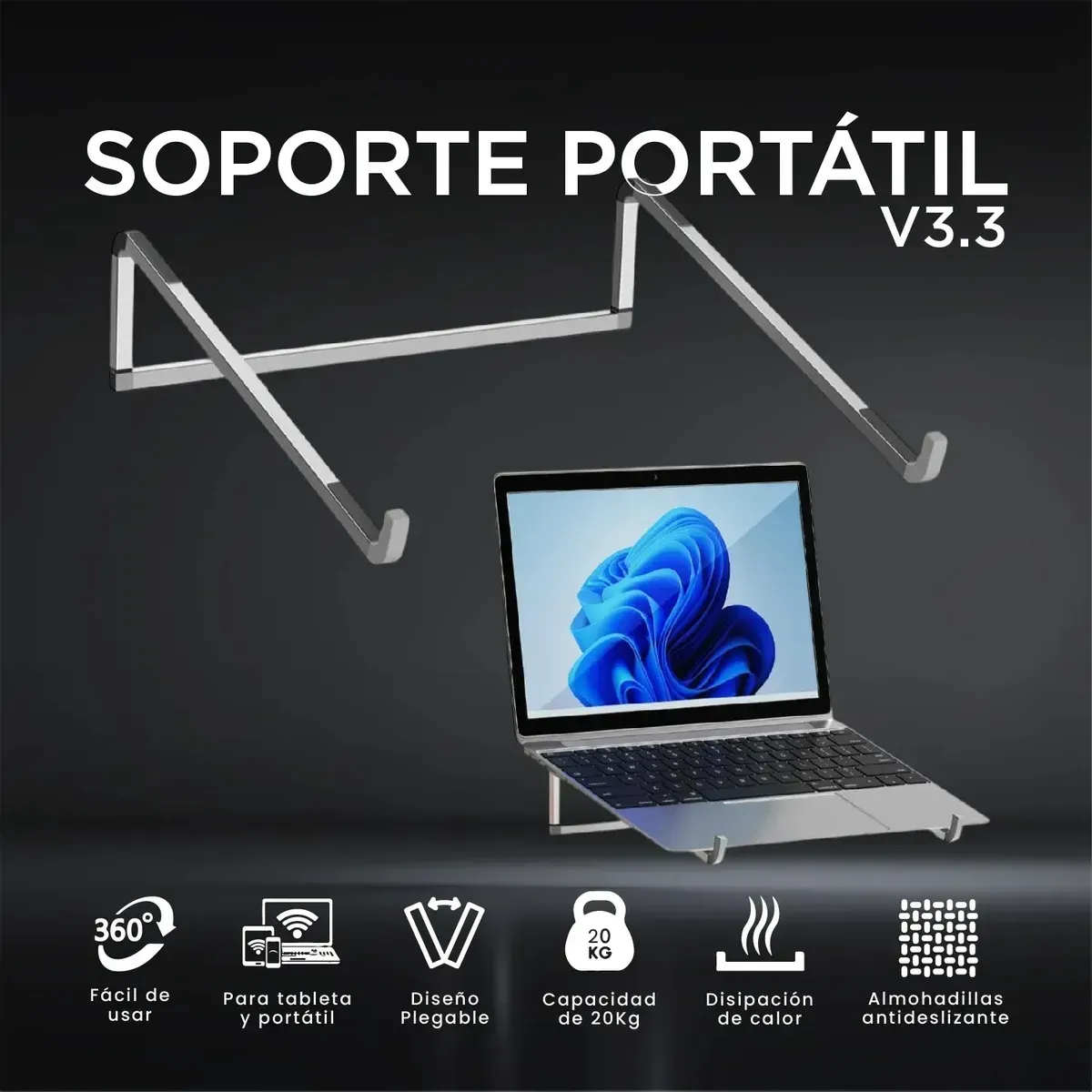 Soporte Base Para Portátil Ergonómico Aluminio Reforzado 20kg img #2
