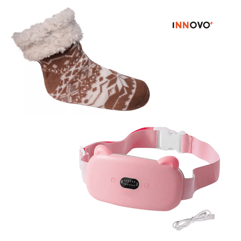 Combo Cinturón Masajeador Térmico Alivia Cólicos Y Medias Térmicas De Peluche Ovejeras img #1