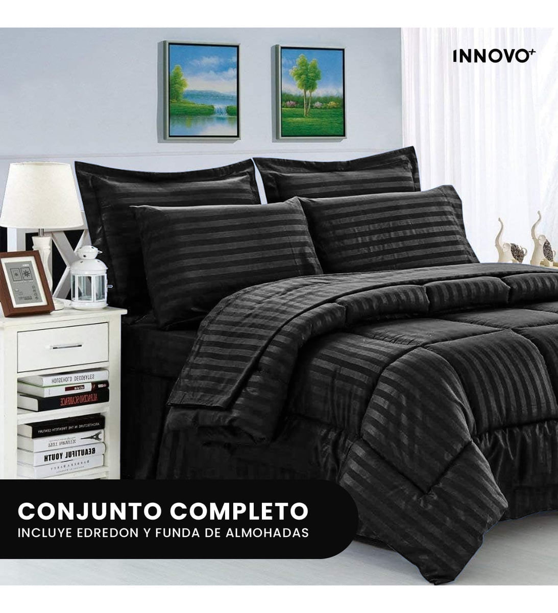 Edredón Fibra Para Cama Queen Tela Suave Innovo Negro Grande img #1