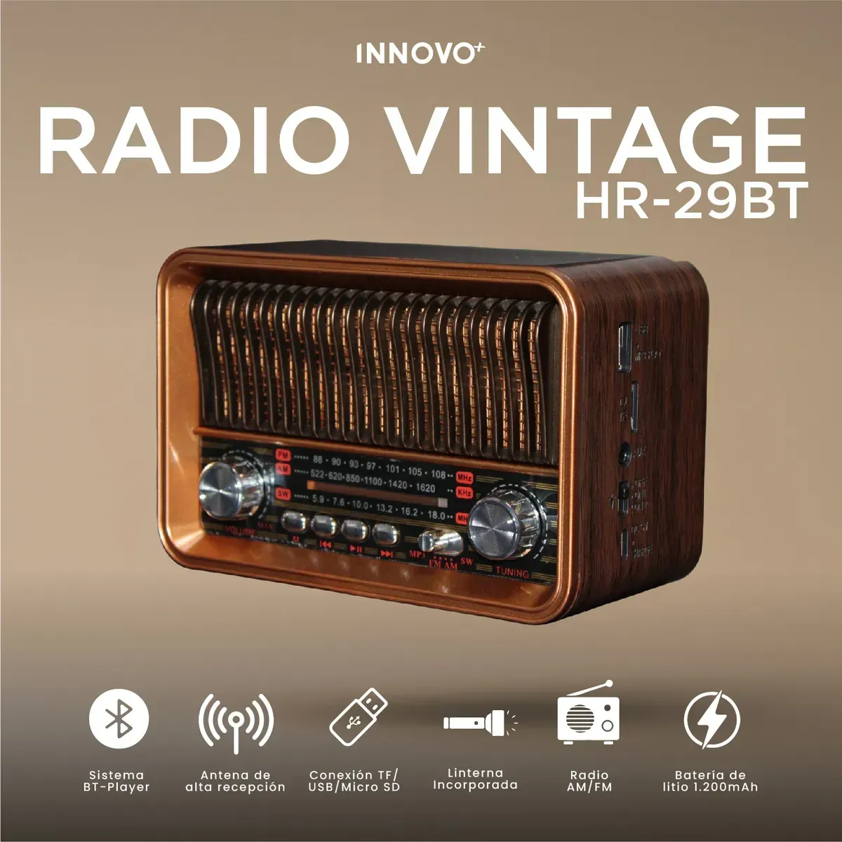 Radio Vintage Bluetooth Retro Am/fm/sw Recargable Con Linterna Hr-29bt Café 110v Café 110v img #2