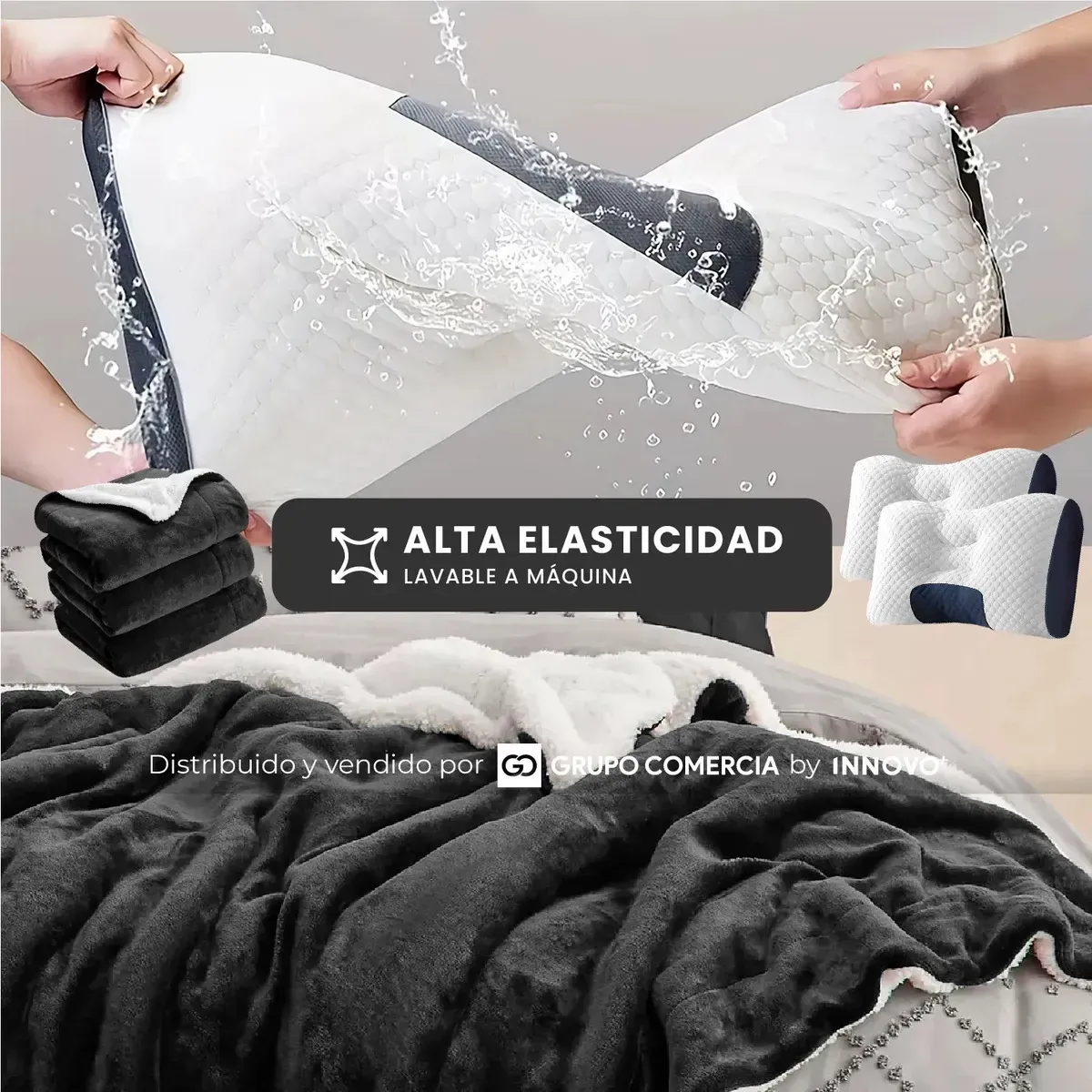 Cobija Térmica Piel De Ganso Extra Suave Doble Faz Con 2 Almohadas Negro Con Blanco img #5