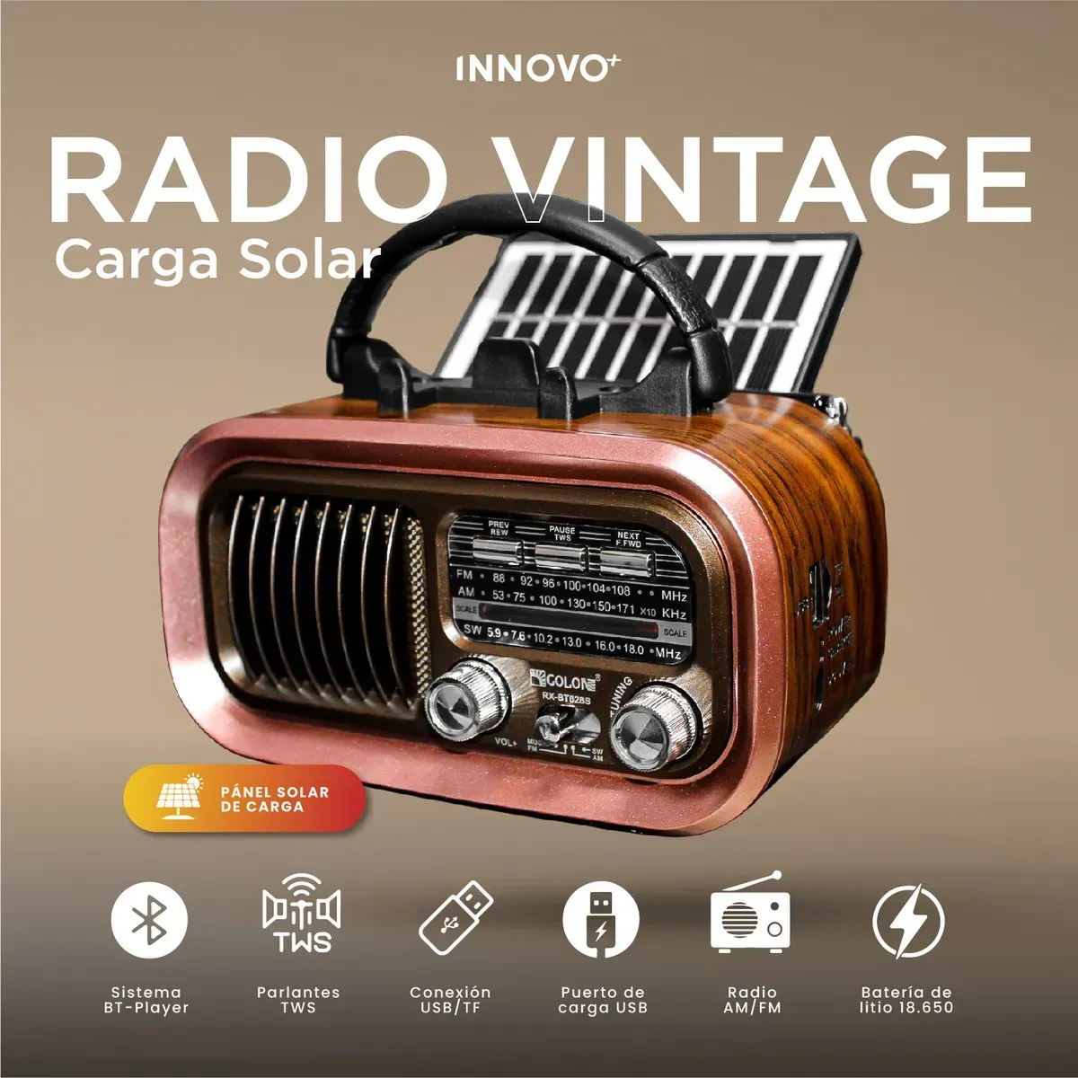 Radio Vintage Retro Bluetooth Carga Solar Recargable Fm/am/sw Portátil Café Café img #5