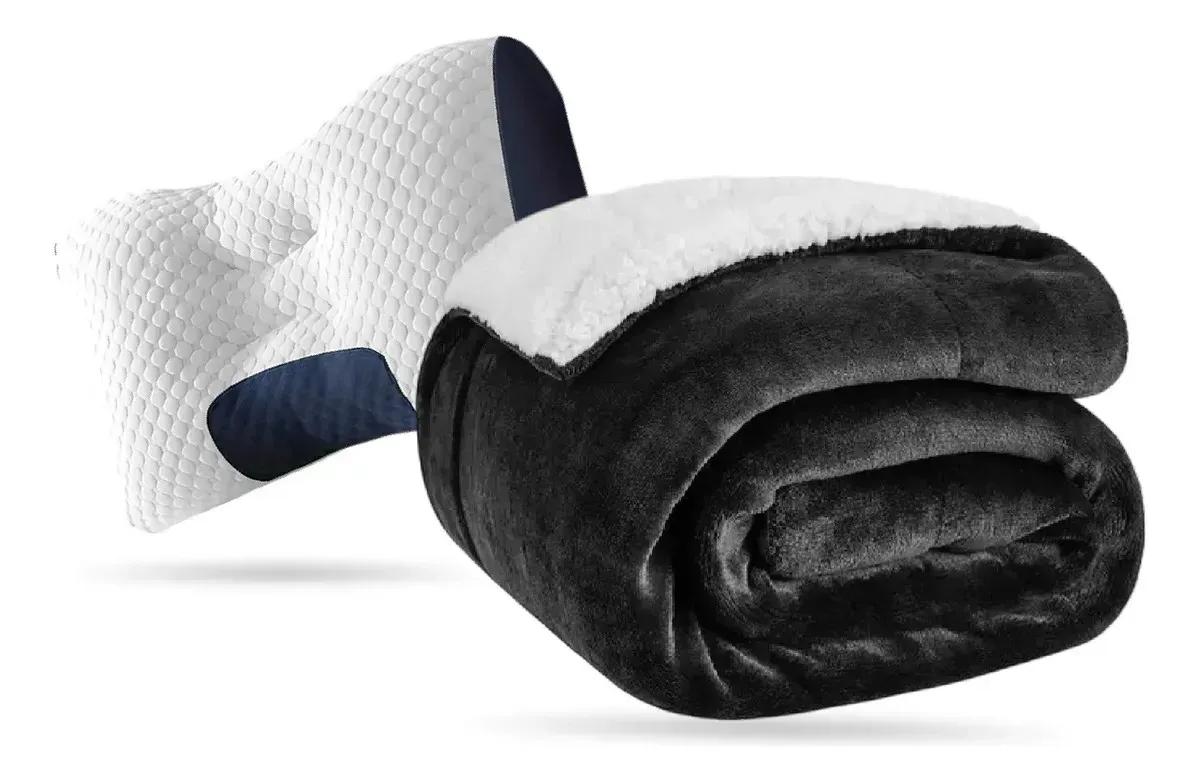 Cobija Térmica Premium Doble Faz Con Almohada Liso Negro Con Blanco img #1