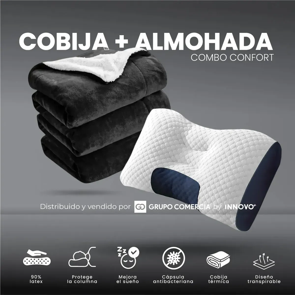 Cobija Térmica Premium Doble Faz Con Almohada Liso Negro Con Blanco img #4