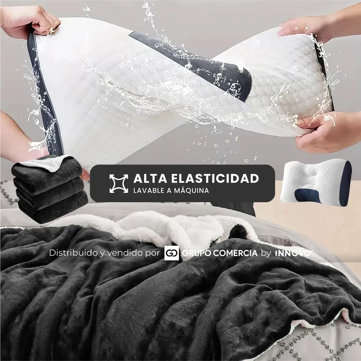 Cobija Térmica Premium Doble Faz Con Almohada Liso Negro Con Blanco img #2