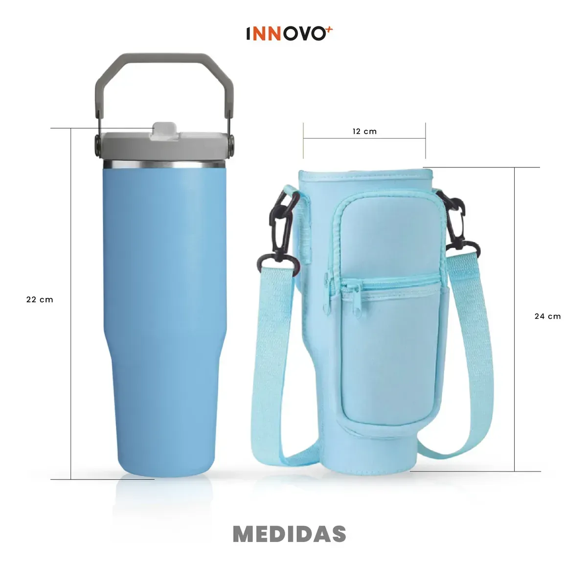 Termo 900 Ml Flip Con Funda De Neopreno Rosa Con Correa Y Bolsillos Innovo Azul img #2
