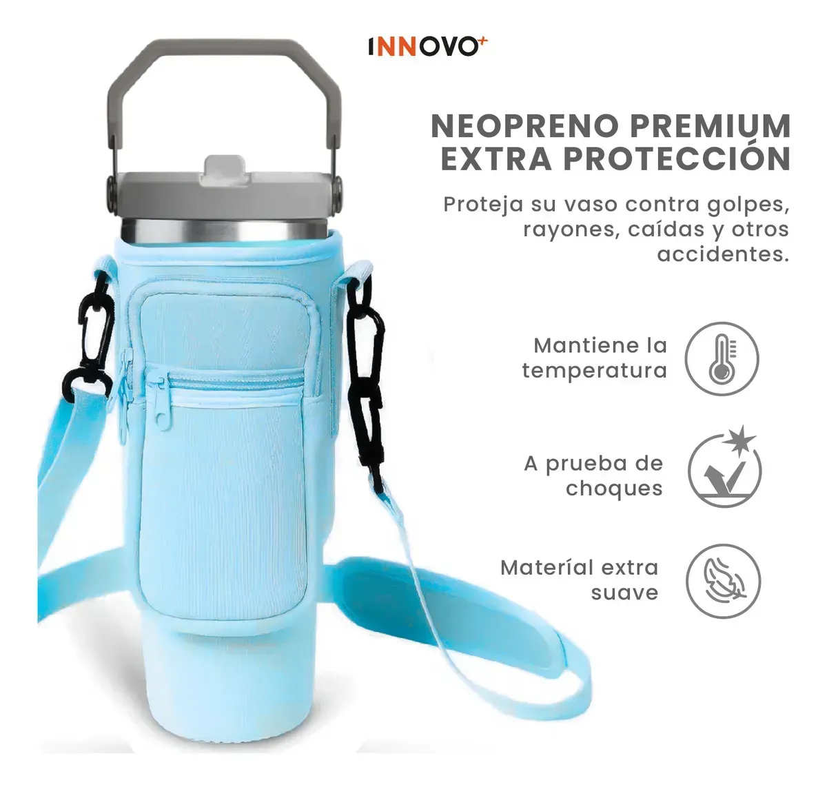 Termo 900 Ml Flip Con Funda De Neopreno Rosa Con Correa Y Bolsillos Innovo Azul img #4
