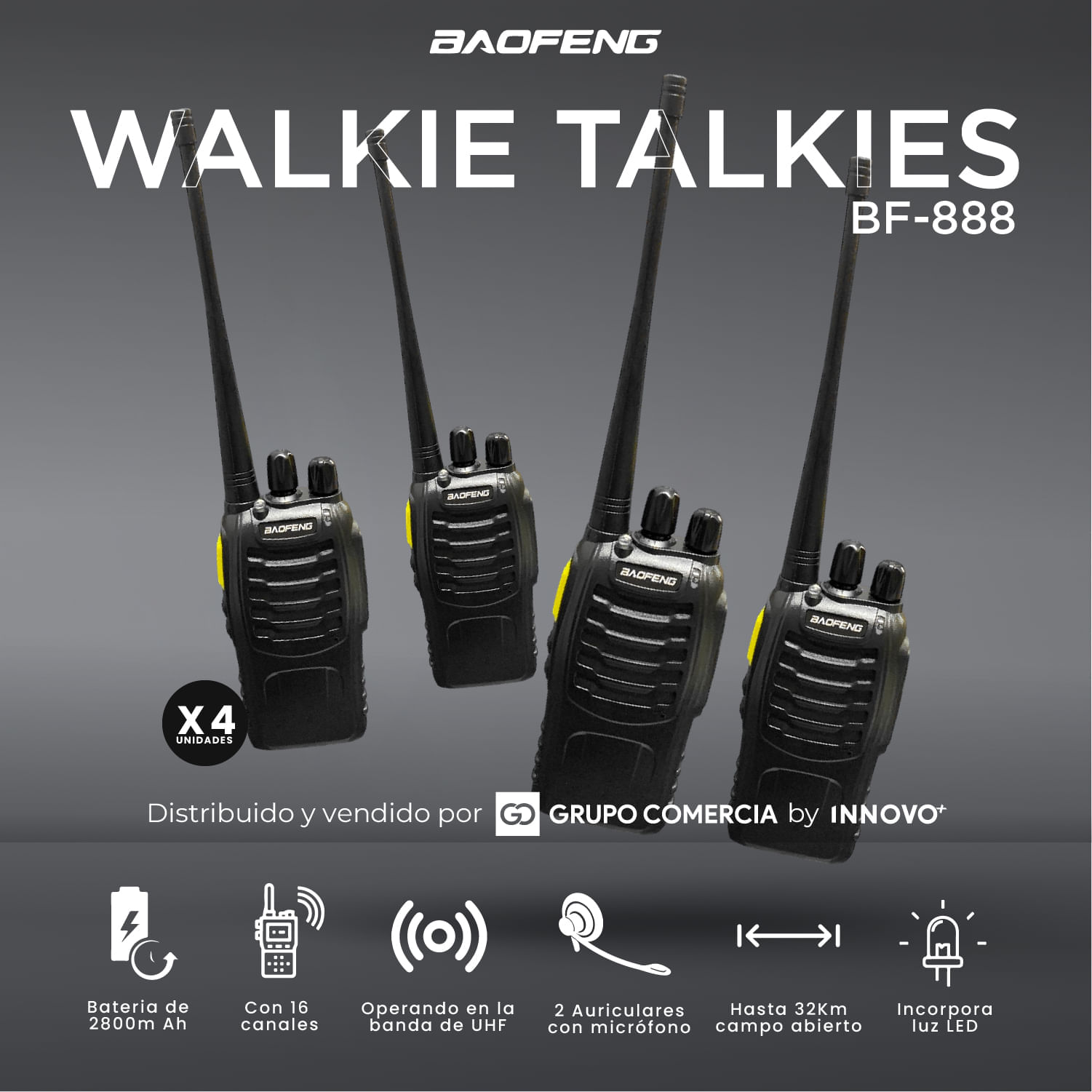 Kit x4 Walkie Talkies Baofeng BF-888 Profesional Alcance 32km Carga USB-C img #5