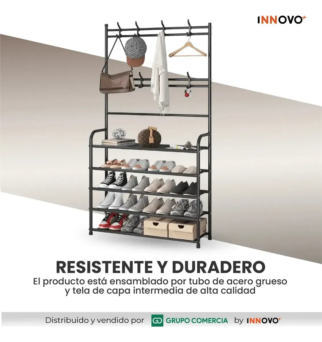 Perchero Multifuncional Moderno Zapatero Compacto Para 15 Pares Y 8 Ganchos Negro img #6
