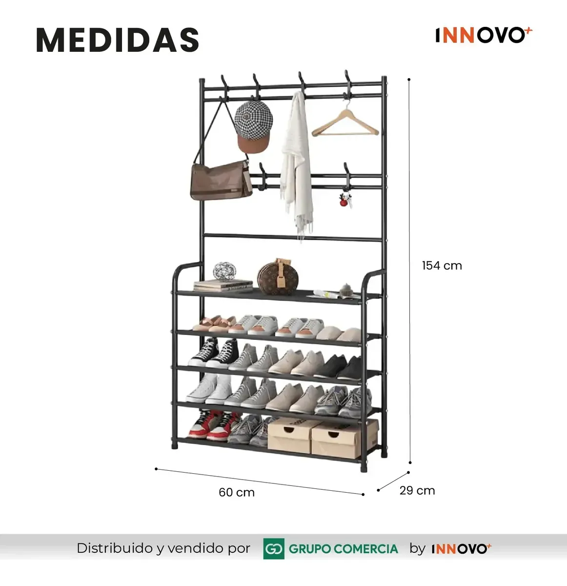 Perchero Multifuncional Moderno Zapatero Compacto Para 15 Pares Y 8 Ganchos Negro img #7