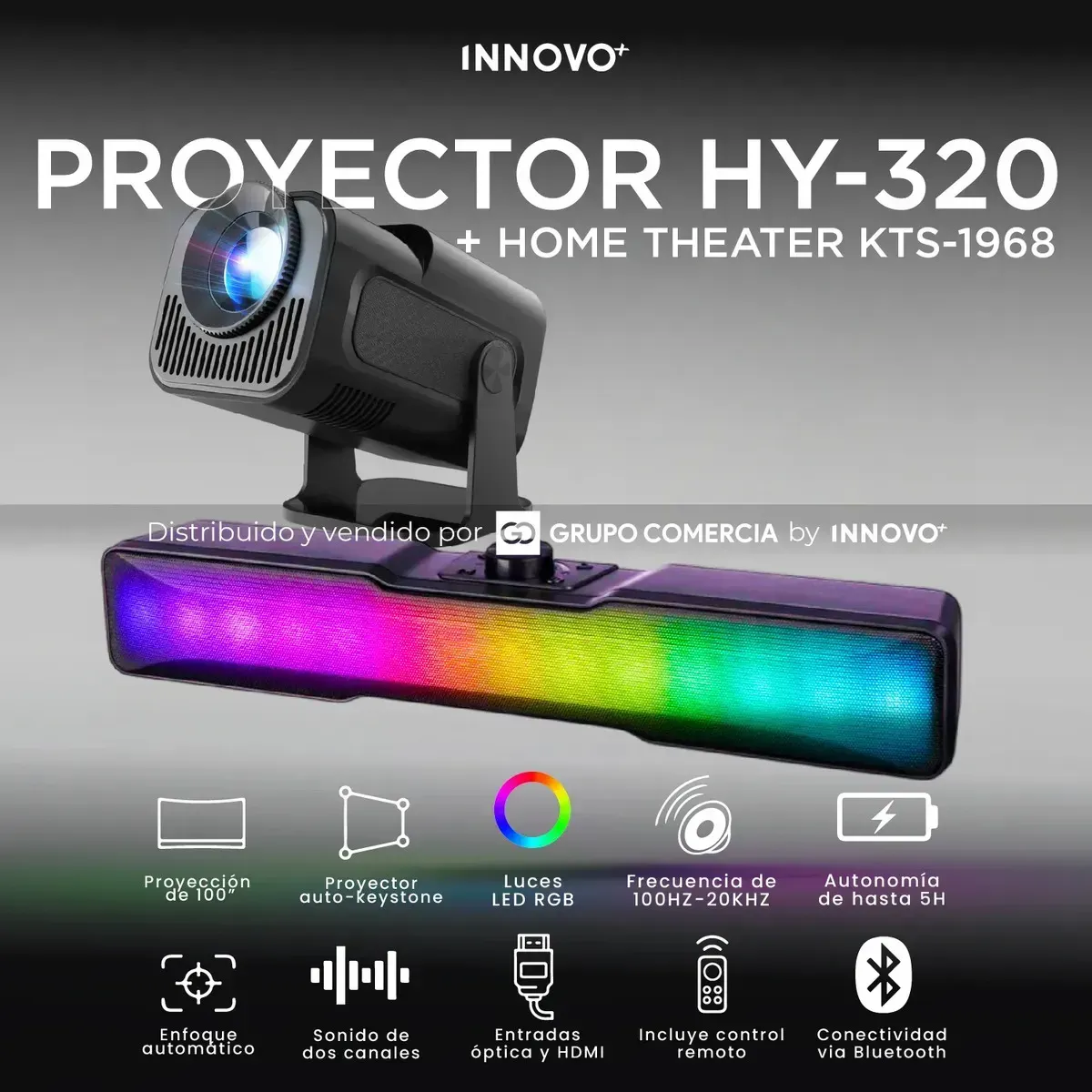 Proyector Hy-320 Android 14 Auto-foco Con Soundbar Gamer Con Luces Led 360° img #2