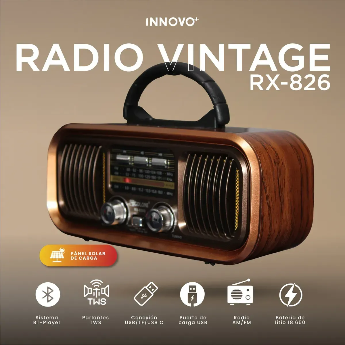 Radio Vintage Retro Bluetooth Am Fm Sw Solar Recargable Rx-826 Café Café img #2