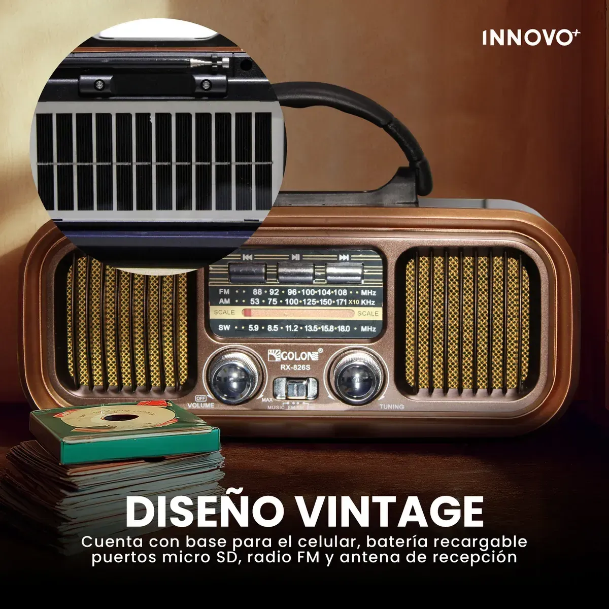 Radio Vintage Retro Bluetooth Am Fm Sw Solar Recargable Rx-826 Café Café img #5