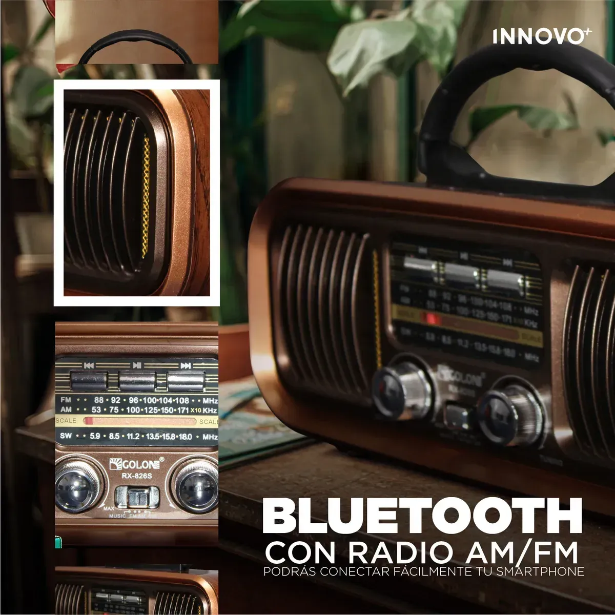 Radio Vintage Retro Bluetooth Am Fm Sw Solar Recargable Rx-826 Café Café img #3