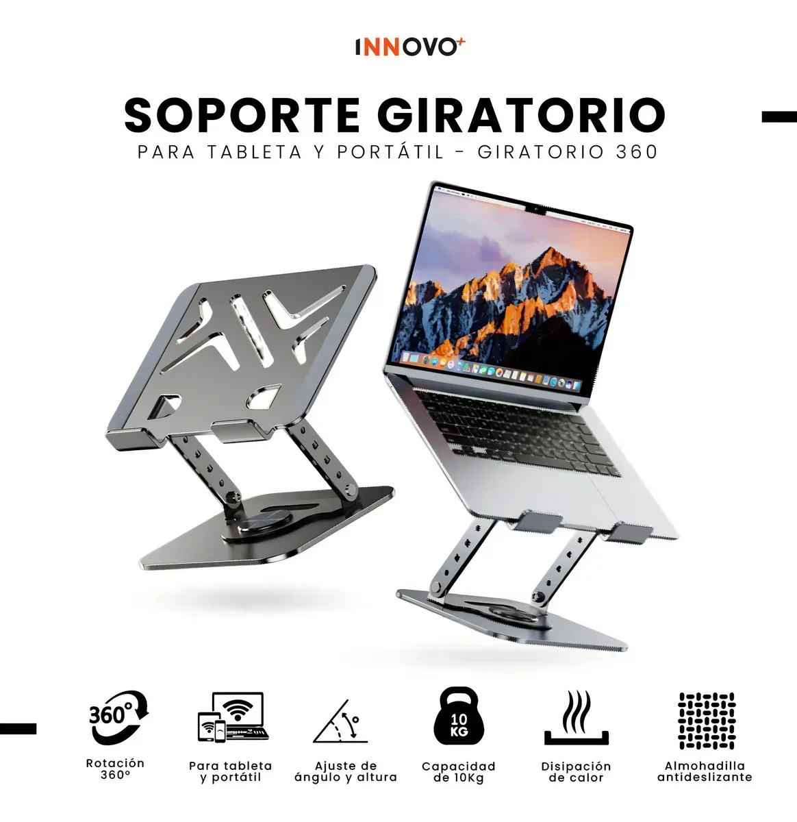 Soporte Portátil Laptop Hasta 20 Pulgadas Giratorio 360° Aluminio Ajuste Altura Ergonómico Innovo img #3