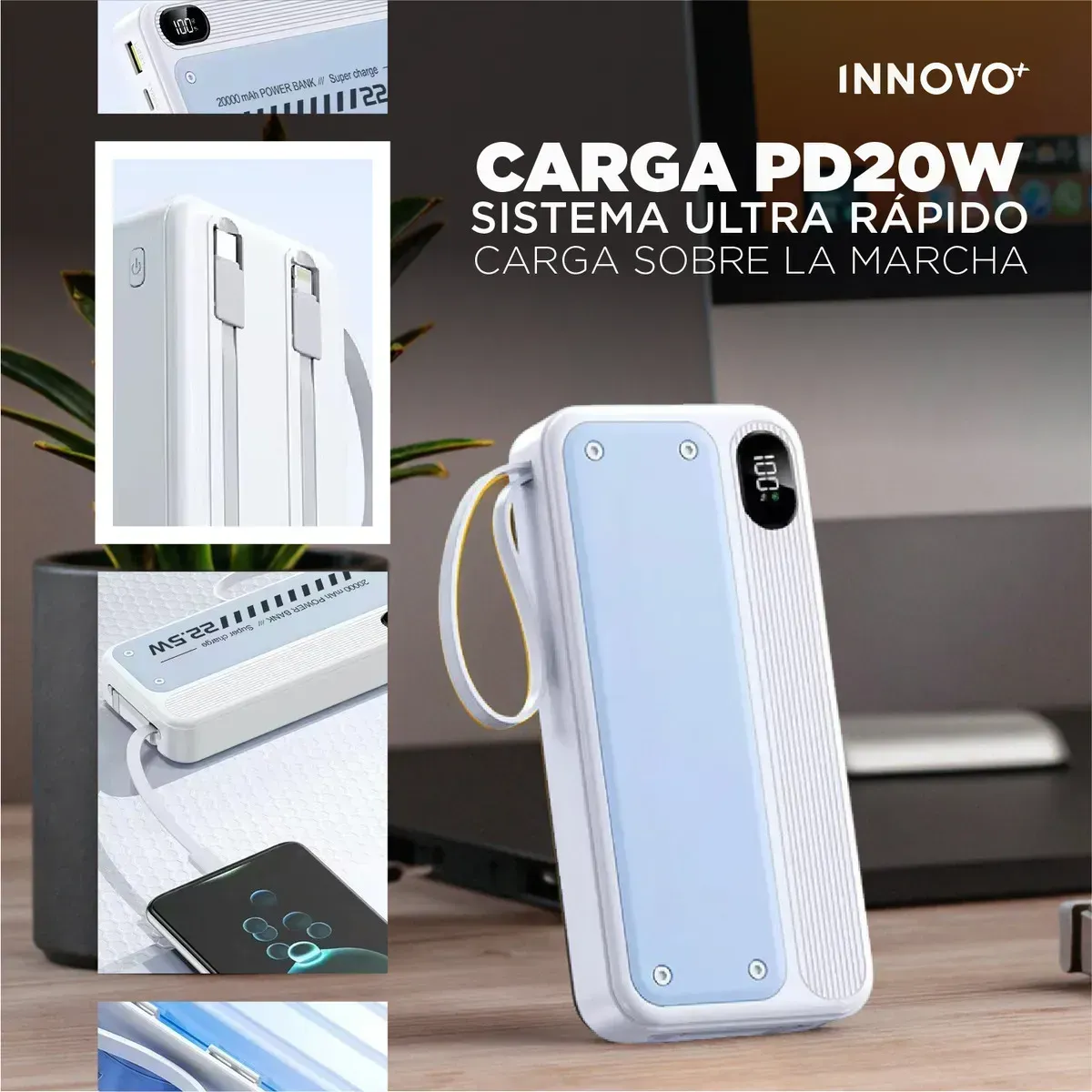 Power Bank 15.000mah Carga Ultra Rápida 22.5w Con Cables Integrados Y Pantalla Led img #4