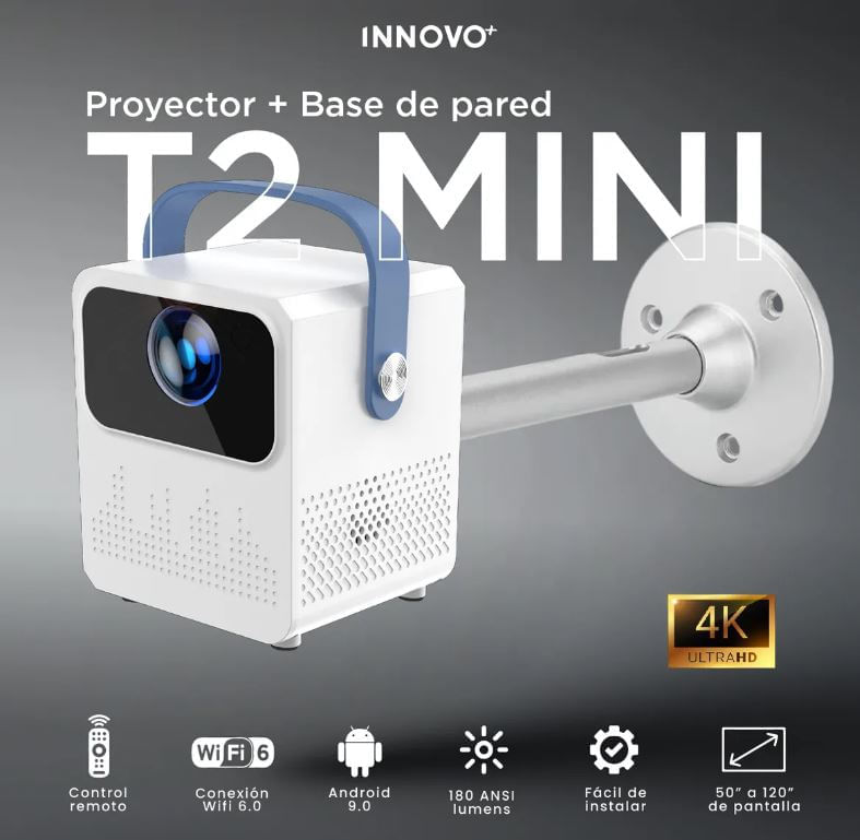 Proyector Mini Android 4k Wifi Bluetooth Portátil Con Base De Pared T2 img #2