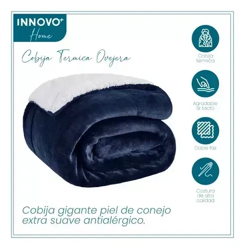 Combo Protector De Colchón Antifluido + Cobija Térmica Ovejera Doble Faz 180 X 240 Azul img #2