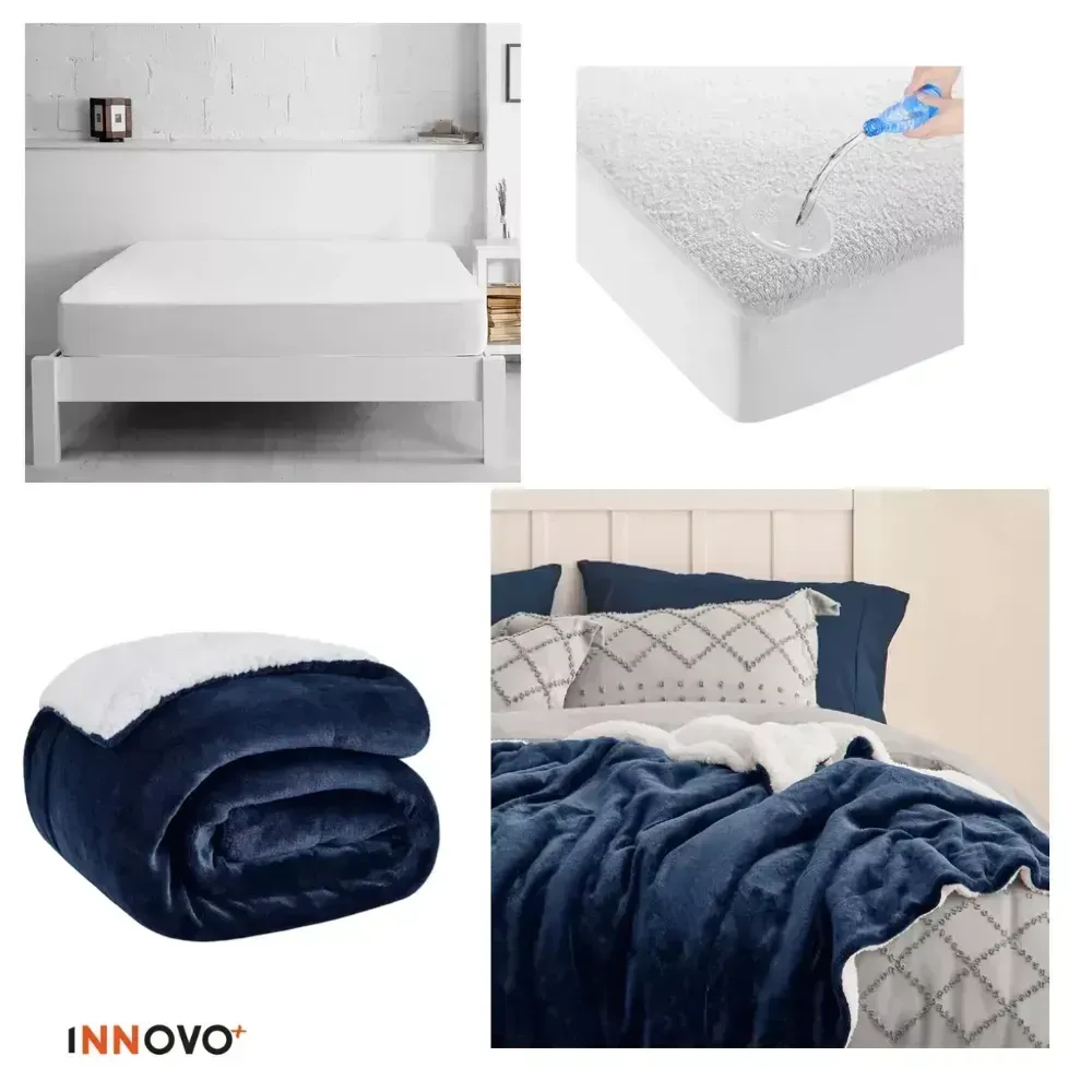 Combo Protector De Colchón Antifluido + Cobija Térmica Ovejera Doble Faz 180 X 240 Azul img #1