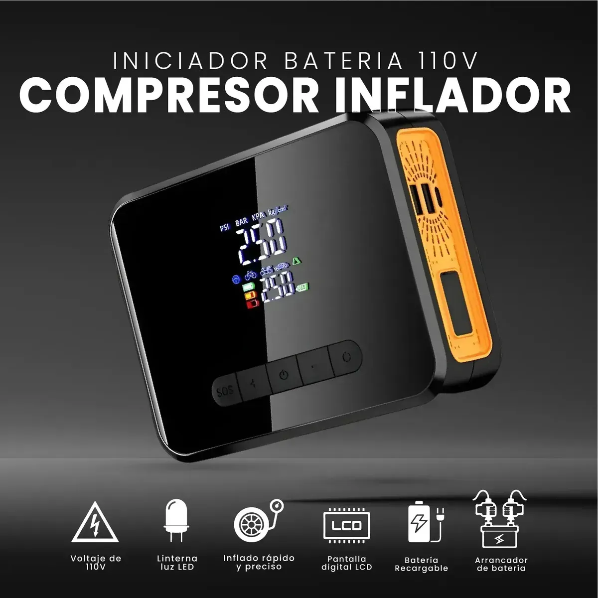Compresor De Aire Portatil Recargable Vehículos Con Iniciador De Batería Premium img #5
