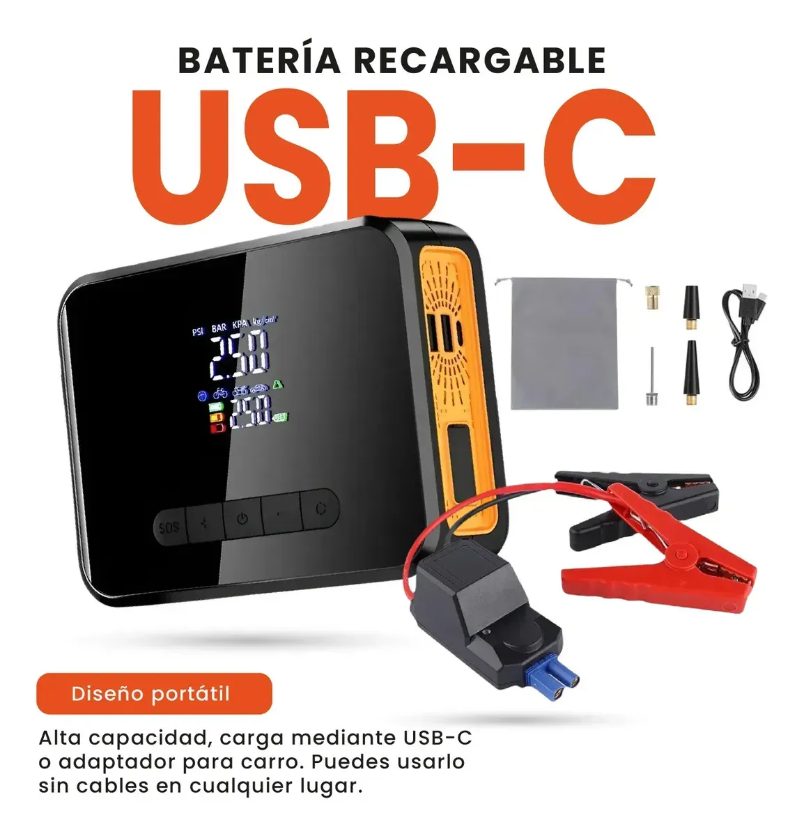 Compresor De Aire Portatil Recargable Vehículos Con Iniciador De Batería Premium img #2