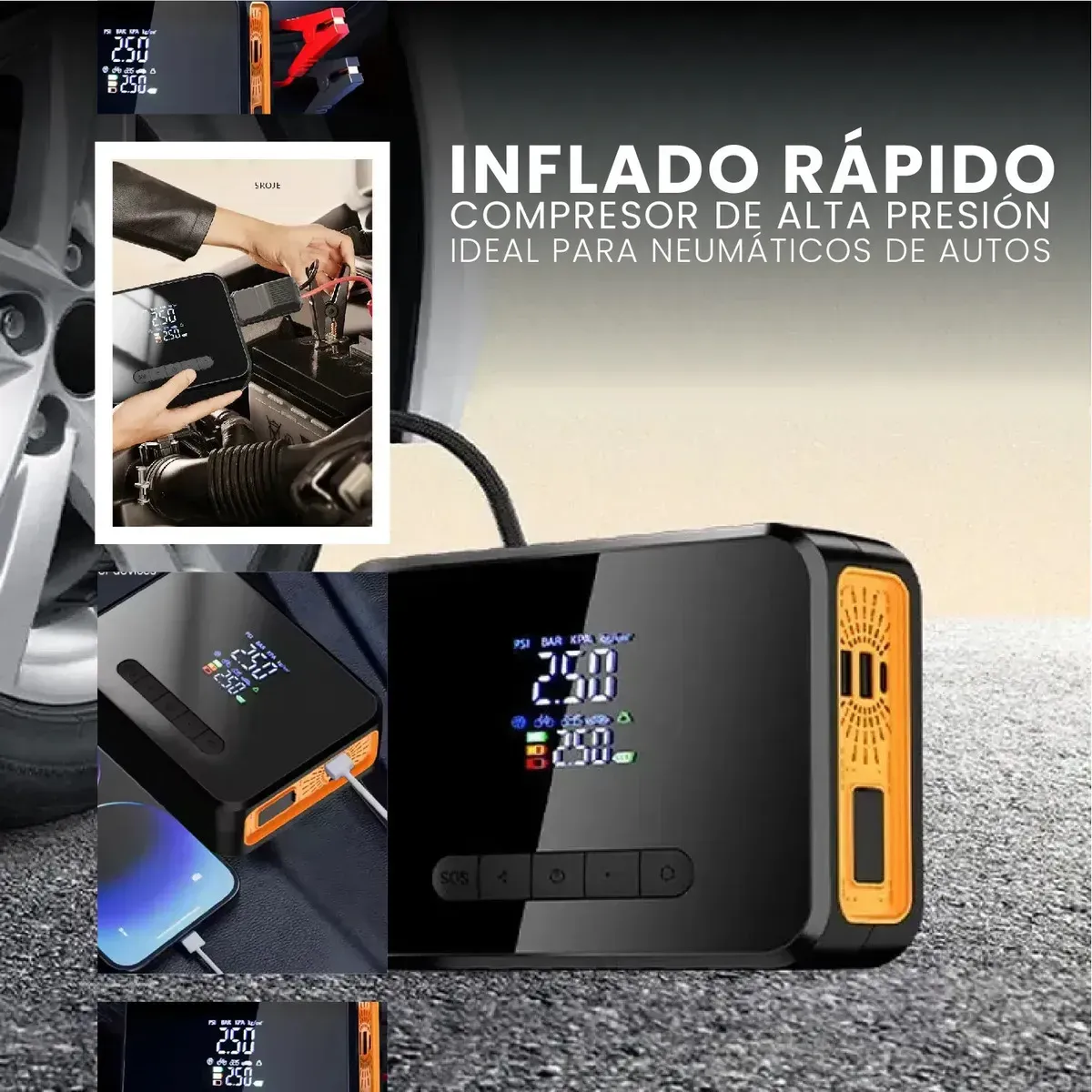 Compresor De Aire Portatil Recargable Vehículos Con Iniciador De Batería Premium img #7