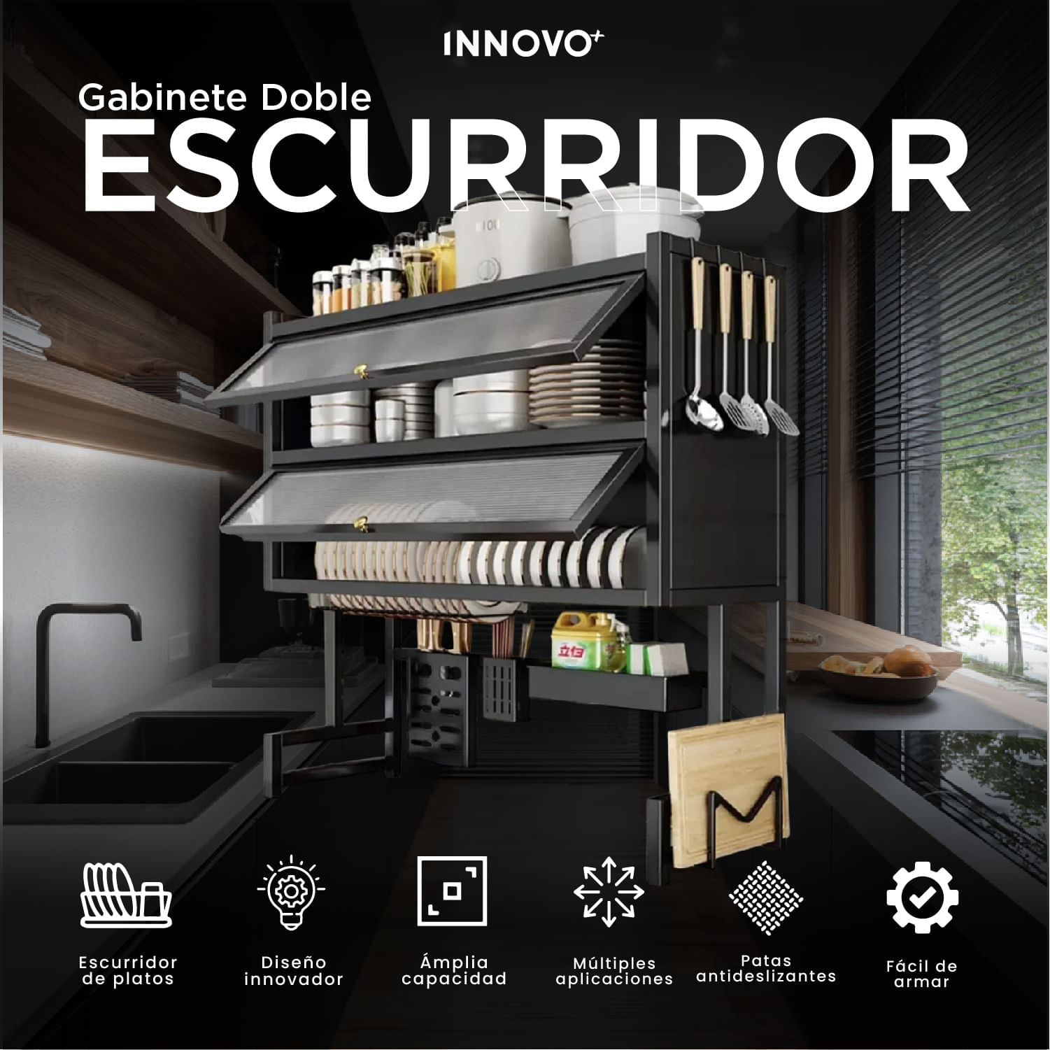 Escurridor De Platos Organizado De Cocina Gabinete Doble Tapa img #2