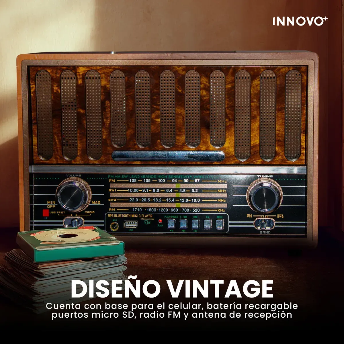 Radio Vintage Bluetooth Grande Retro Recargable Am/fm/sw Usb Control Café Café img #3