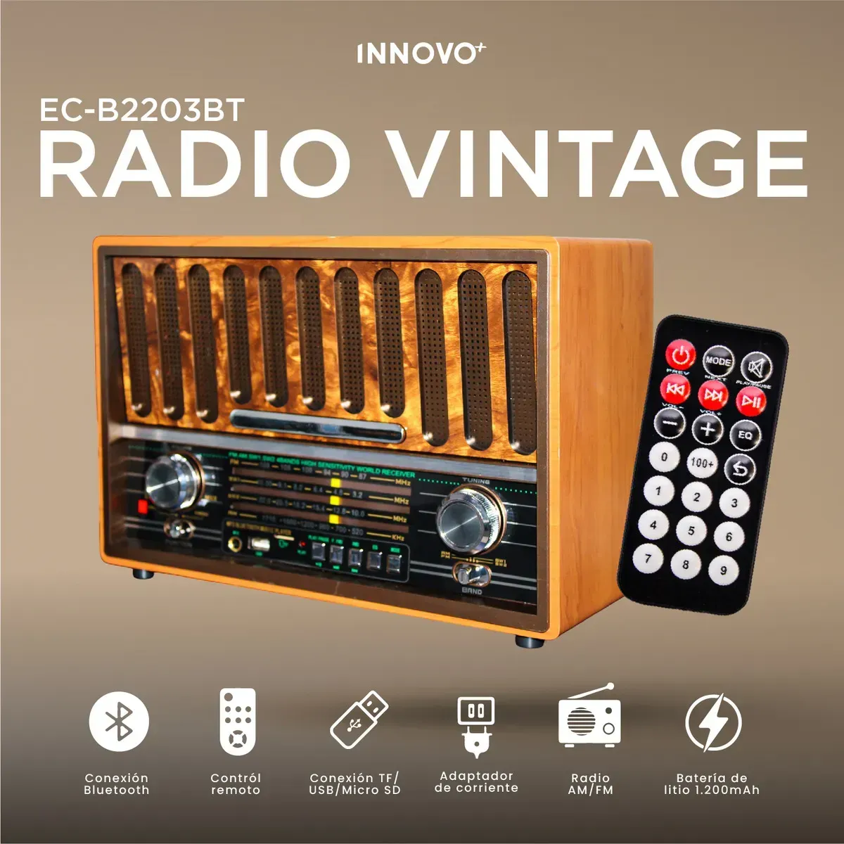 Radio Vintage Bluetooth Grande Retro Recargable Am/fm/sw Usb Control Café Café img #2
