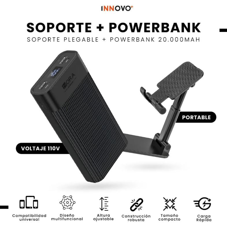 Powerbank 20000mah Digital Con Soporte Celular Plegable img #2