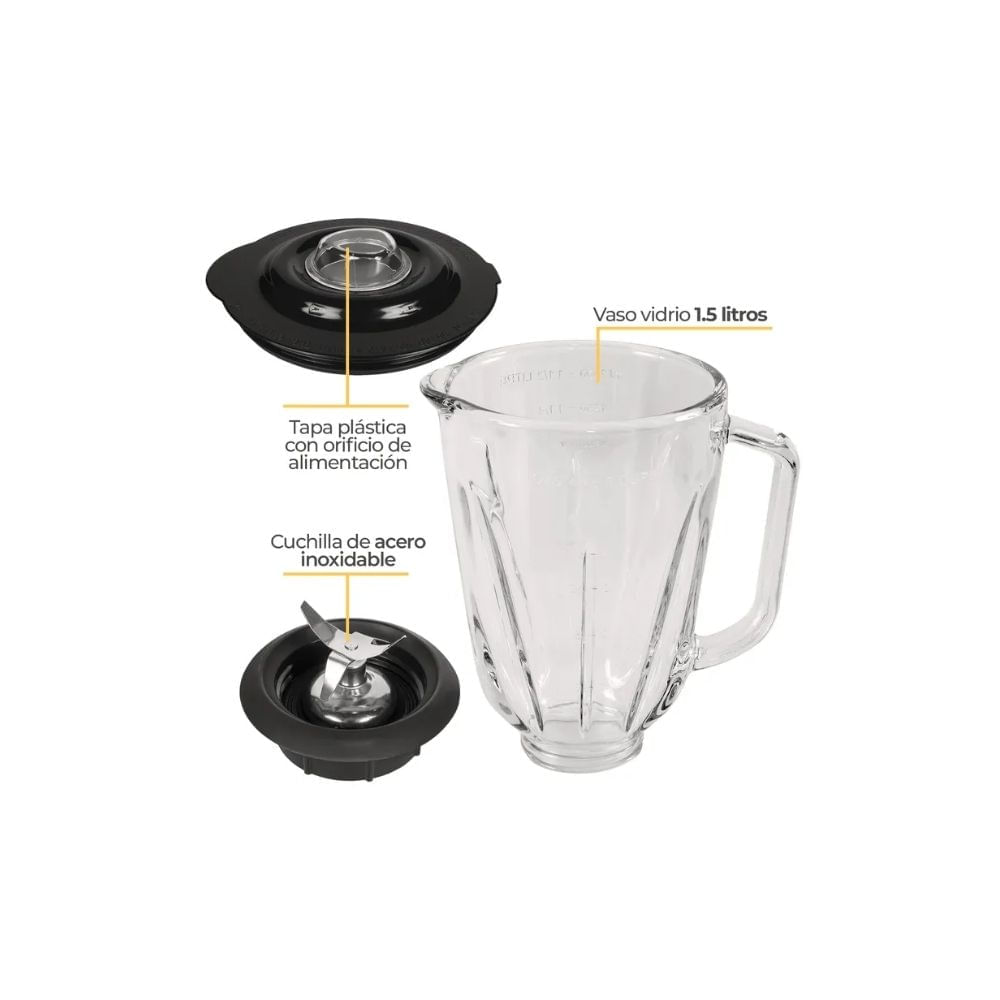Licuadora Kalley 1.5L Vaso Vidrio + Acero Inoxidable con Picatodo Potente img #3