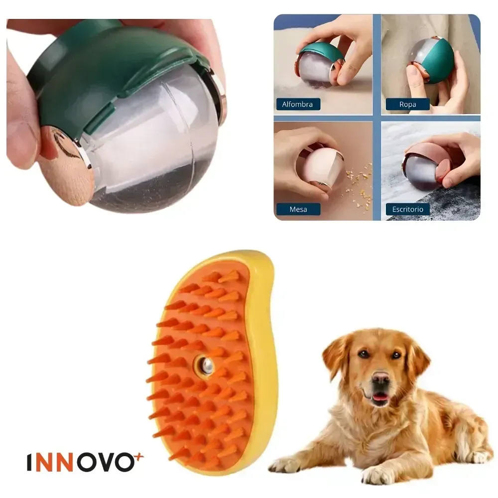 Combo Esfera Rodillo Silicona Quita Pelos + Cepillo Masaje Mascotas Vapor img #1
