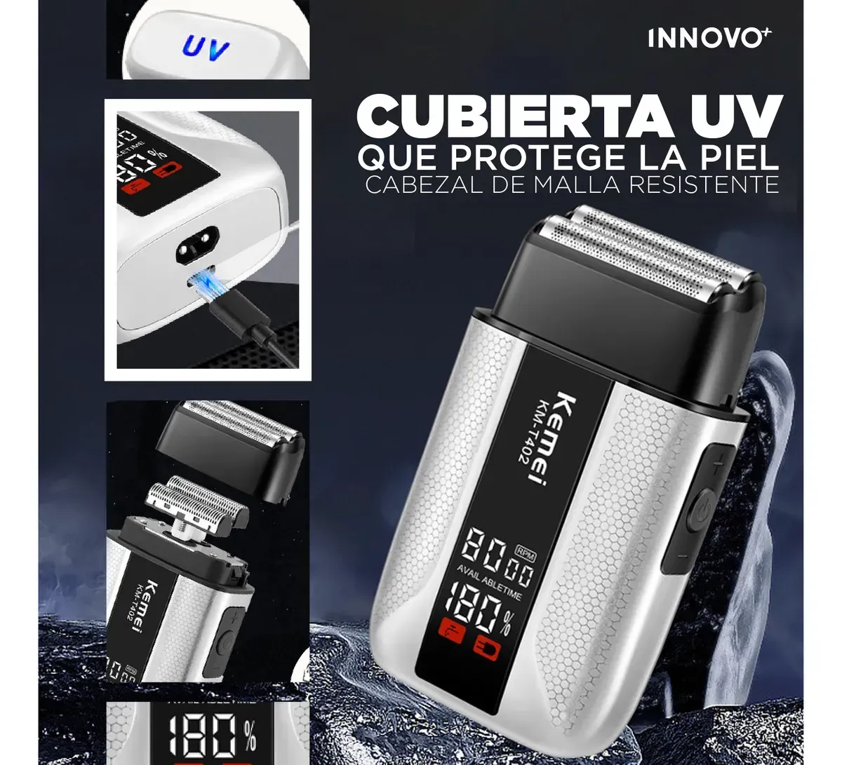 Afeitadora Eléctrica Kemei Km-t402 Profesional Ipx7 Carga Usb Gris 110v Gris 110v img #3